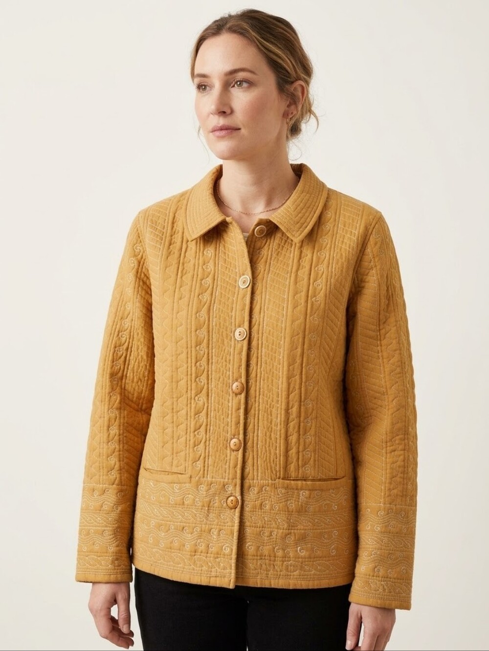 VINTAGE April Cornell Quilted Jacket L Gold Mustard Cotton Y2K Cottagecore Boho